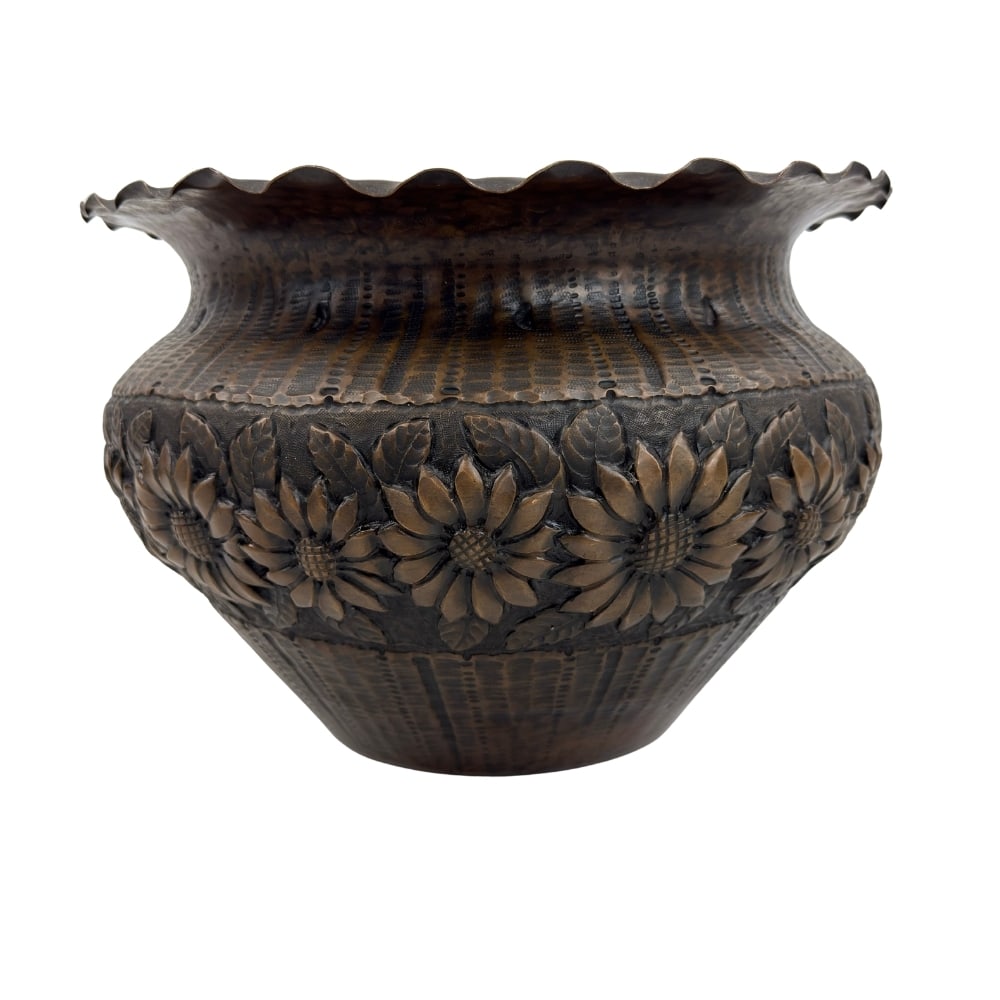 ANTIQUE PLANT POT: Dimensions: H 10.7” x W 16”. Antique copper plant pot or vase with floral decoration.