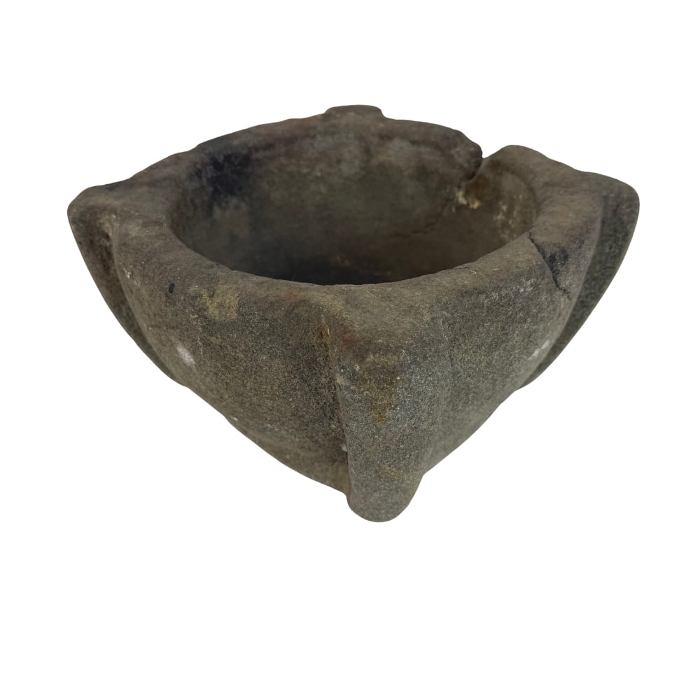 ANTIQUE STONE MORTAR: Dimensions: H 6” x W 13.7”. Antique stone mortar with four handles around the rim.