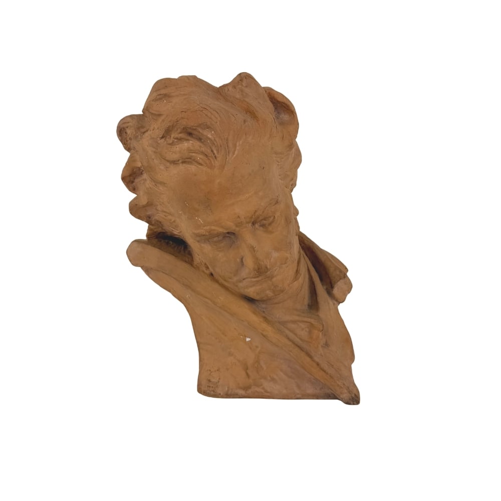 BUST BEETHOVEN BY M. BOURAINE: Dimensions: H 13” x W 9”. Antique terracotta bust of Ludwig van Beethoven by M. Bouraine.