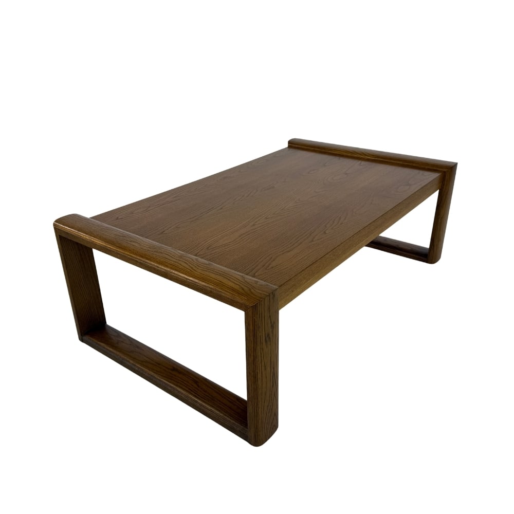 LARGE DUTCH COFFEE TABLE 1970s: Dimensions: H 18” x W 57.5” x D 32”. Vintage brutalist sleigh coffee or side table attr. to Gunlocke.