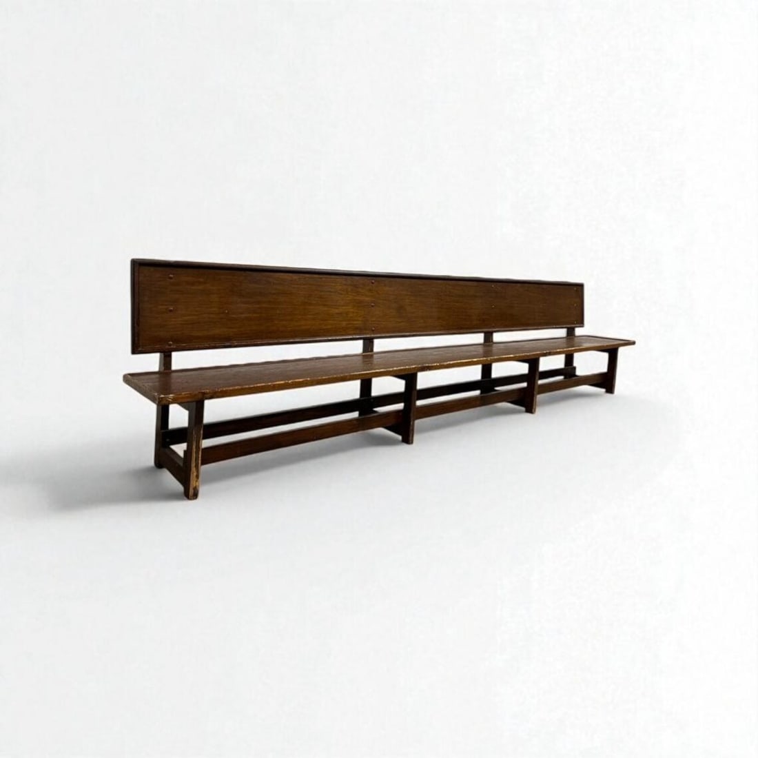 VINTAGE LOW WOODEN BENCH: Dimensions: H 11.4” x W 95.2” x D 12.9”. Vintage Danish solid oak low bench.