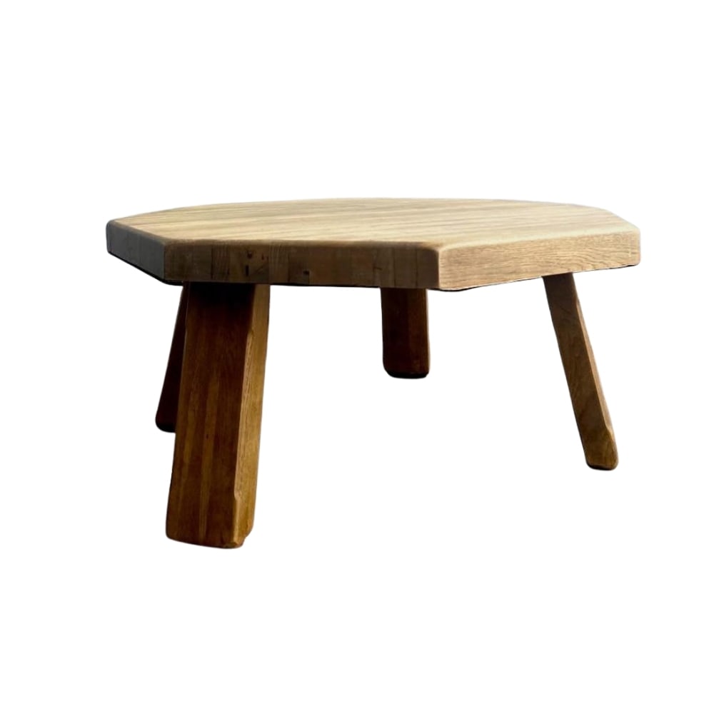 VINTAGE BRUTALIST COFFEE TABLE: Dimensions: H 18.1” x W 39.3”. Vintage Brutalist oak coffee or side table, matte protective layer applied, 1970s.