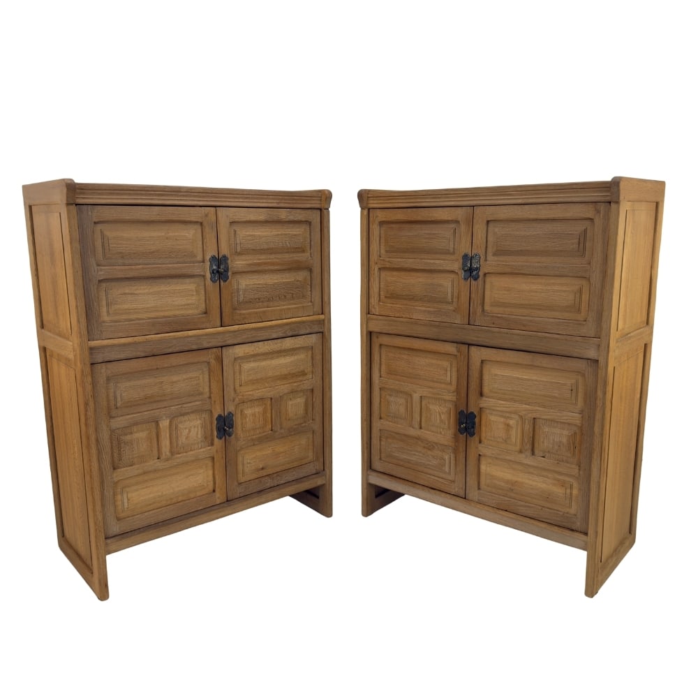 (2) VINTAGE DEPUYDT CABINETS, 1970s: Dimensions: H 58.6” x W 41.7” x D 20.6”. Pair of Vintage solid oak cabinets “Depuydt” with 4 doors with original iron handles.