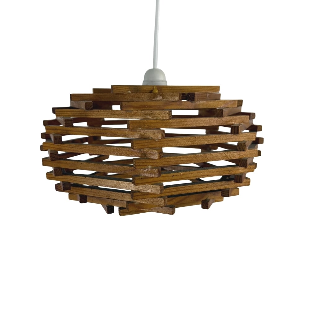 SCANDINAVIAN DESIGNER PENDANT LAMP 1950s: Dimensions: H 7.5” x W 13”. Scandinavian designer wood slat pendant lamp, 1950s.