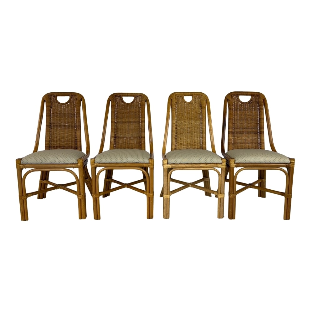 (4) DUTCH VINTAGE WICKER DINING CHAIRS: Dimensions: H 37” x W 18.5” x D 22” x SH 20”. Set of 4 Art Nouveau wicker and bamboo dining chairs with original upholstery.