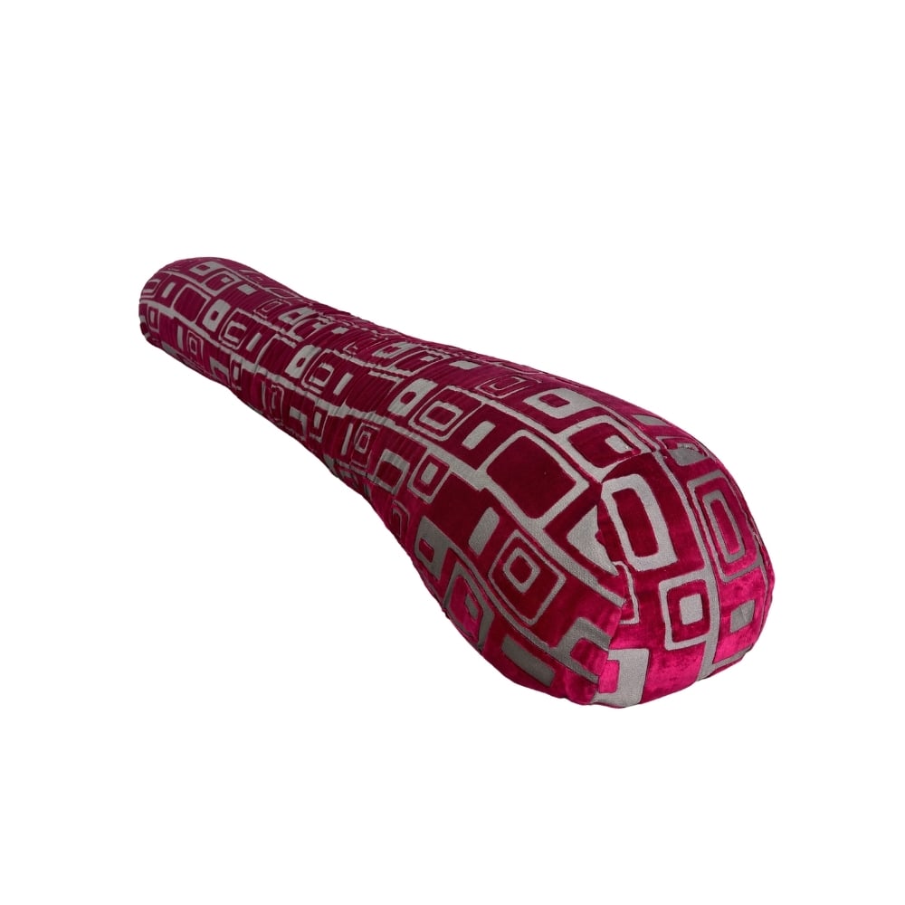 ITALIAN DESIGNER FLOOR SEATING BOLSTER: Dimensions: H 15” x W 95” x D 18”. Vintage Italian floor seating bolster in red and grey fabric with geometric pattern.