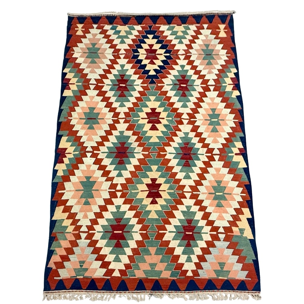 HAND-KNOTTED PERSIAN TURKISH WOOL RUG: Dimensions: H 11'3" x W 7'5" Vintage Turkish kilim wool rug with geometric design.