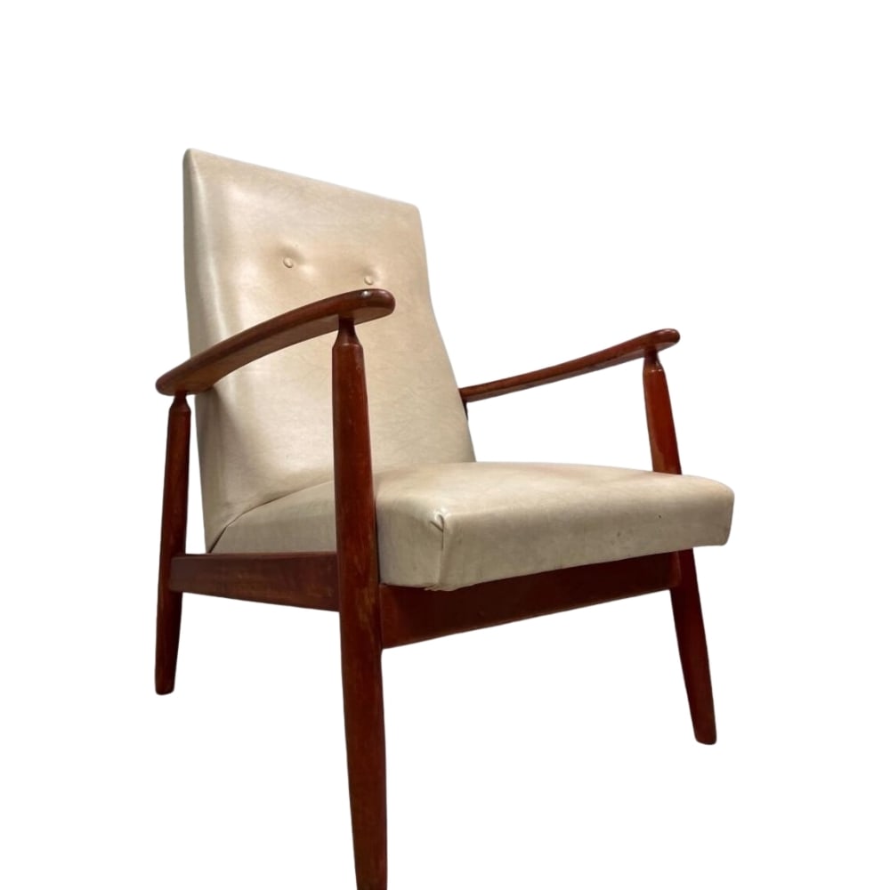 VINTAGE DANISH ARMCHAIR: Dimensions: H 35.4” x W 25.9” x W 26.3”. Vintage Danish armchair, upholstered in original white/ecru faux leather.