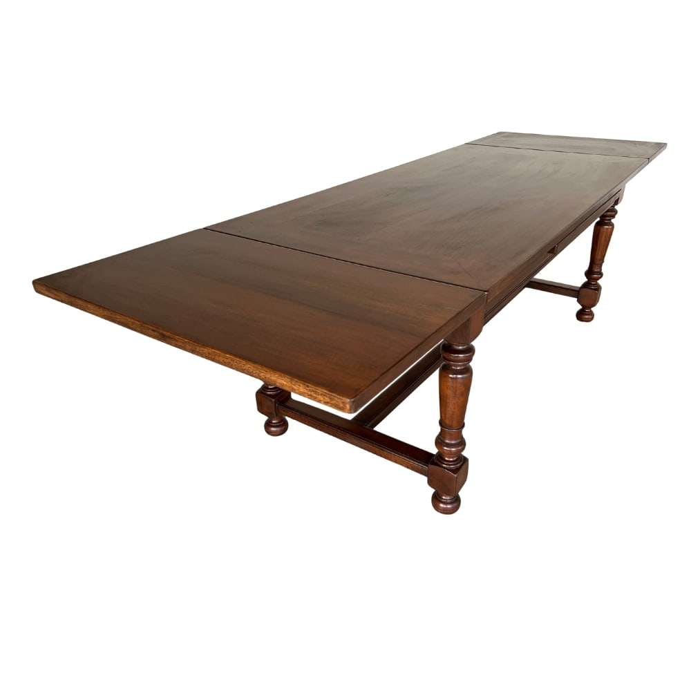 FRENCH REFECTORY EXTENDABLE DINING TABLE: Dimensions: H 30.5” x W 71”/ 110” x D 35.3”. Vintage Refectory extendable dining table with one side drawer and four turned baluster legs with H-shaped stretcher.