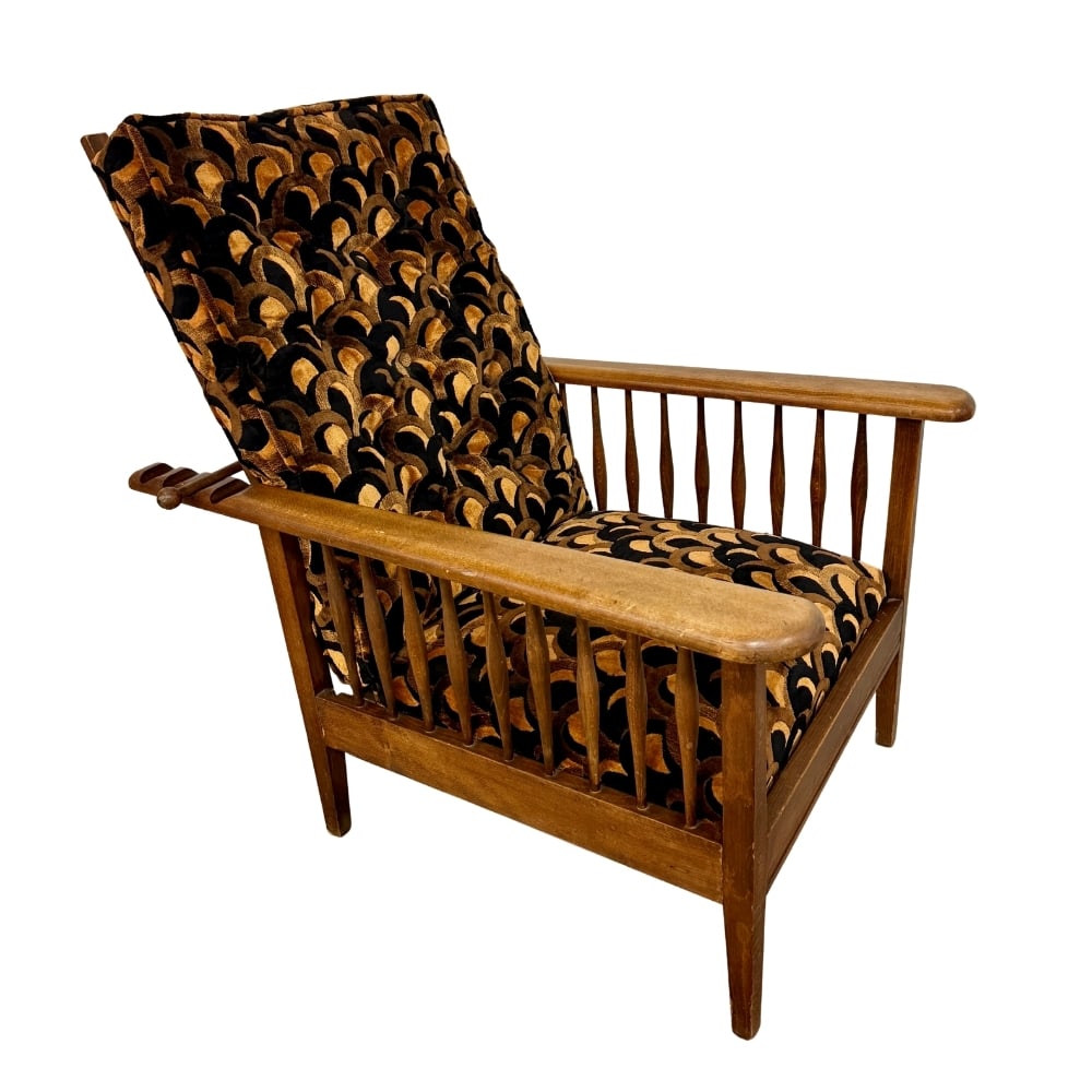 VINTAGE MORRIS RECLINING ARMCHAIR: Dimensions: H 37.5” x W 28.5” x D 35” x SH 15”. Morris Reclining armchair, designed by William Morris’s Factory, backrest inclination adjustable by rack system, original