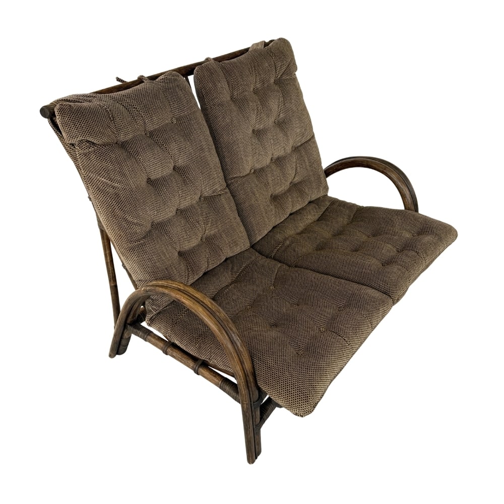 BAMBOO TWO-SEATER SOFA MANNER OF ROHE NOORDWOLDE: Dimensions: H 38” x W 46.3” x D 37.7” x SH 16”. Vintage bamboo and rattan two-seater sofa manner of Rohe Noordwolde with original upholstery.