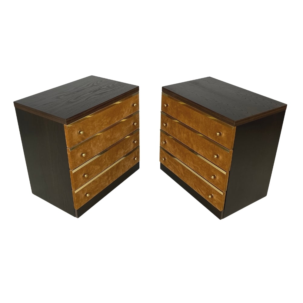 (2) BEDSIDE TABLES ATTR RENATO ZEVI: Dimensions: H 24” x W 23.3” x D 15.5”. Pair of bedside tables manner of Renato Zevi with 4 drawers with brown fabric fronts.