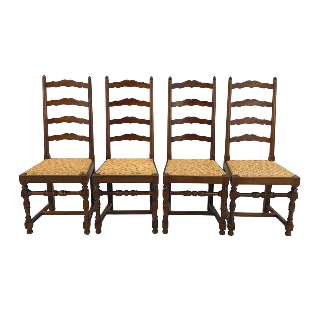 (4) FRENCH FARMHOUSE DINING CHAIRS: Dimensions: H 42.5” x W 17.5” x D 19.5” x SH 18”. Set of 4 Vintage French Farmhouse ladder-back dining chairs with rush seats.