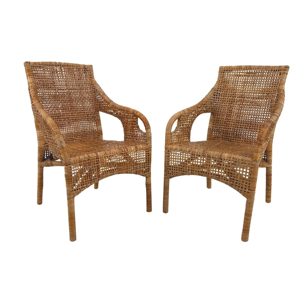 RATTAN ARMCHAIRS BY MARIA VINKA FOR IKEA, A PAIR: Dimensions: H 35” x W 22.5” x D 24.5” x SH 17”. Pair of Vintage rattan armchairs, designed by Maria Vinka for Ikea.