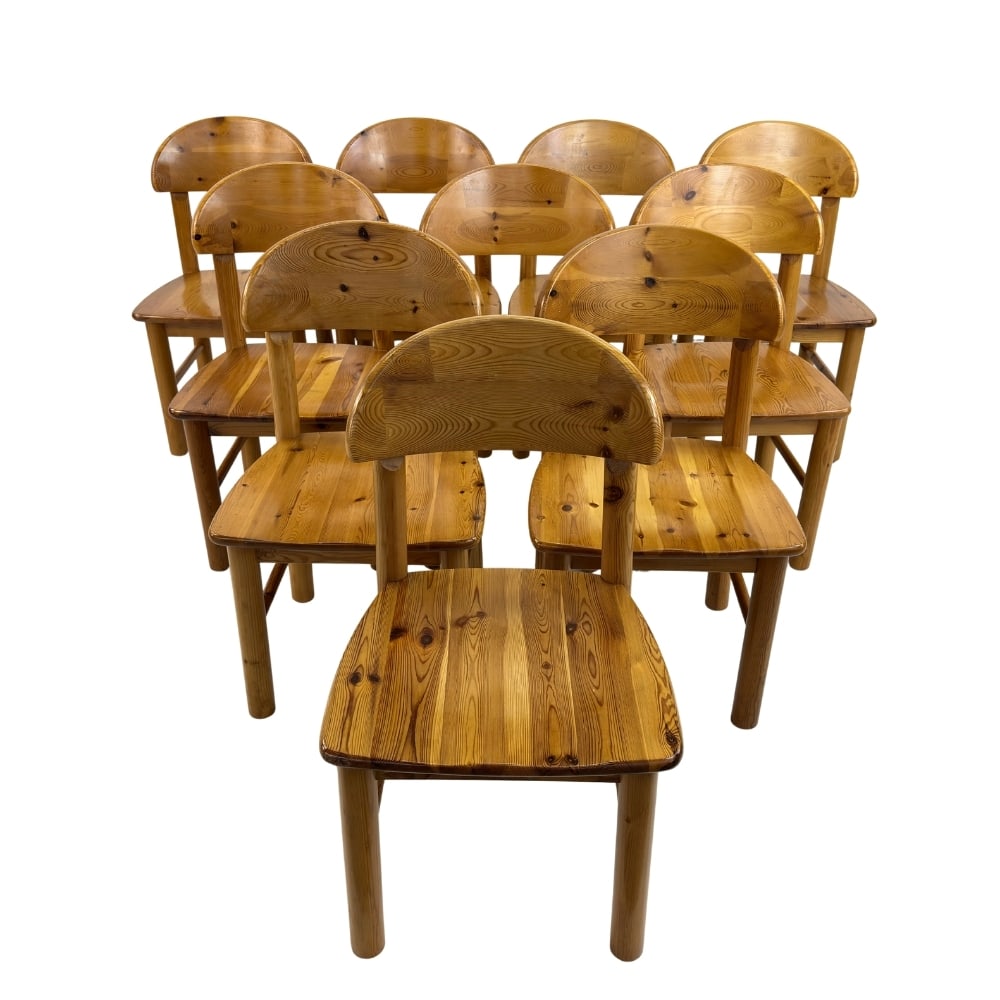 (10) RAINER DAUMILLER DINING CHAIRS: Dimensions: H 34.5” x W 19” x D 19” x SH 18.5”. Set of 10 pine dining chairs by Rainer Daumiller for Hirtshals Savvaerk, 1970s.