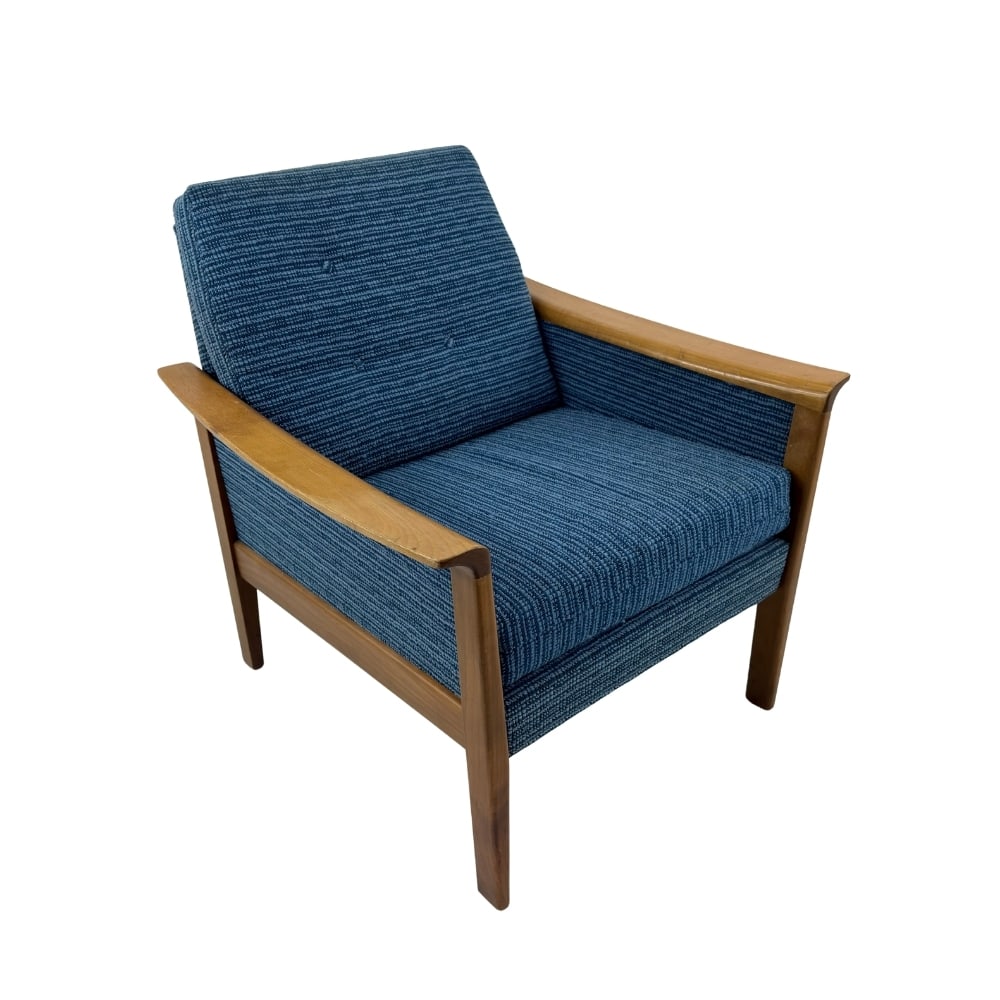 DANISH ARMCHAIR MANNER OF ARNE VODDER: Dimensions: H 30.5” x W 28.5” x D 30.5” x SH 17”. Vintage Danish teak armchair manner of Arne Vodder, upholstered in original blue fabric with loose padded cushions.