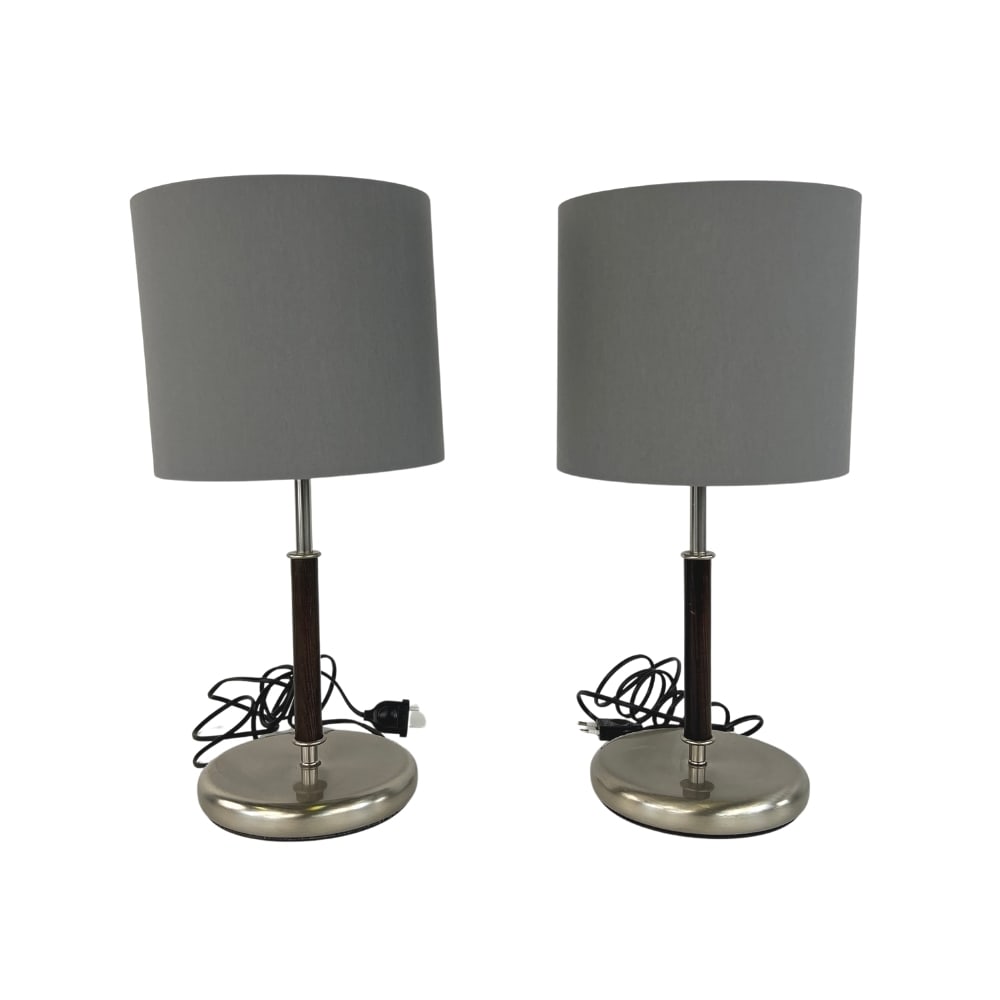 (2) ZONCA VOGHERA ITALIAN TABLE LAMPS: Dimensions: H 18.5” x W 8.5”. Pair of Italian Zonca Voghera table lamps with dark grey lampshades.