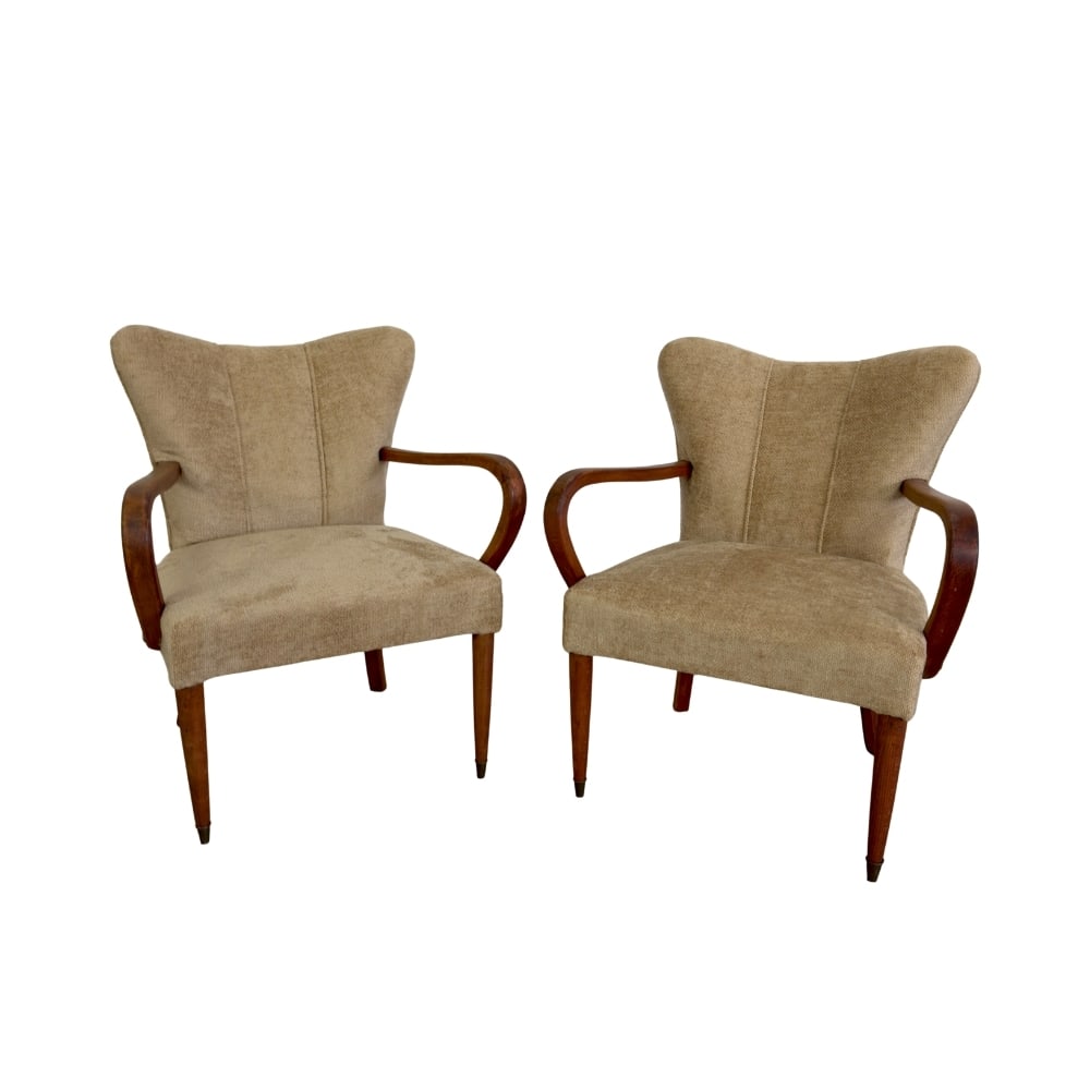 VINTAGE SCANDINAVIAN ARMCHAIRS, A PAIR: Dimensions: H 27” x W 24” x D 20” x SH 15”. Pair of Vintage Scandinavian armchairs, newly upholstered in light brown soft fabric.