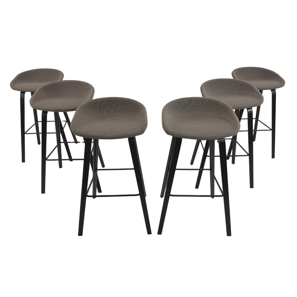 (6) HEE WELLING & HAY BAR STOOLS: Dimensions: H 33.7” x W 17.7” x D 17.5” x SH 30.5". Set of 6 Hee Welling & Hay “About a Stool” bar stools with upholstered in original grey fabric seats and black lacquered