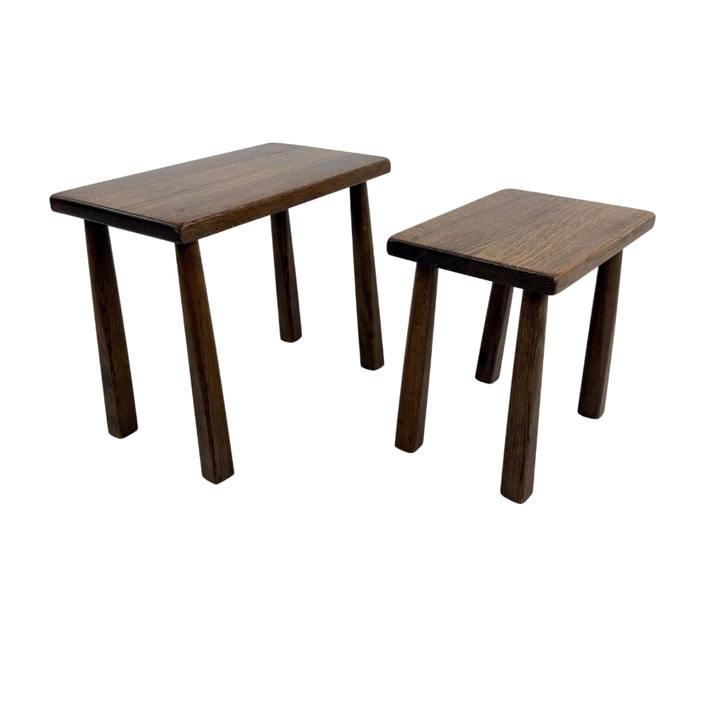 BRUTALIST NESTING TABLES, A PAIR: Dimensions: H 16” x W 18.3” x D 10.7”/H 14.5” x W 12” x D 8.5”. Pair of Vintage Dutch Brutalist oak nesting tables.