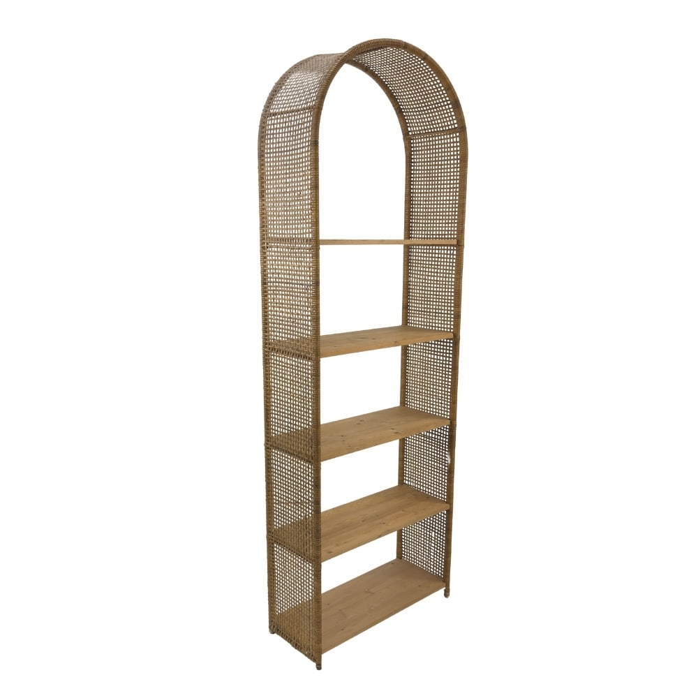 VINTAGE RATTAN BOOKSHELF: Dimensions: H 85” x W 29.3” x D 12.3”. Vintage arch form rattan open bookshelf/étagère with 5 shelves.