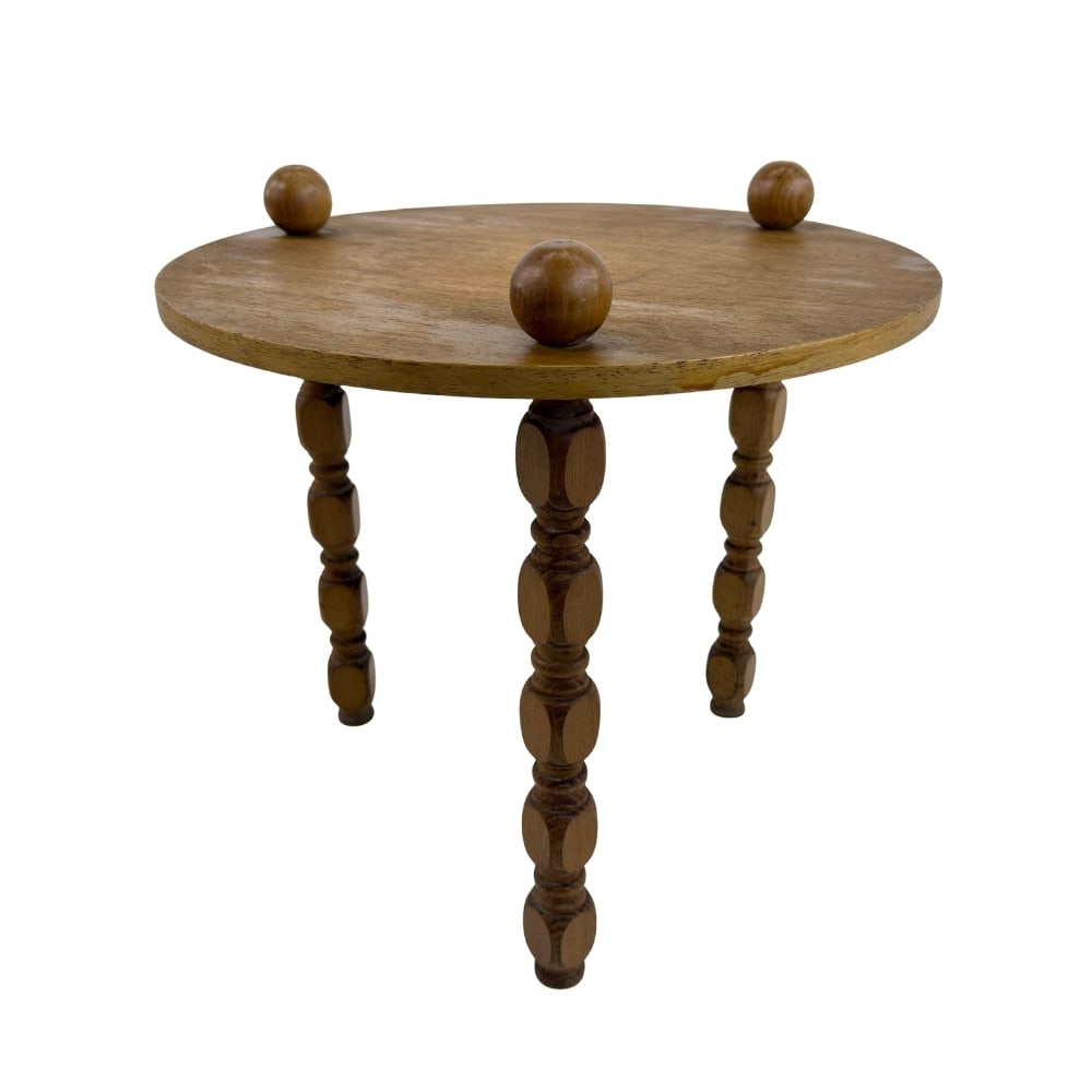 VINTAGE SIDE TABLE: Dimensions: H 15.7” x W?. Vintage tripod small side or coffee table with carved wood legs.