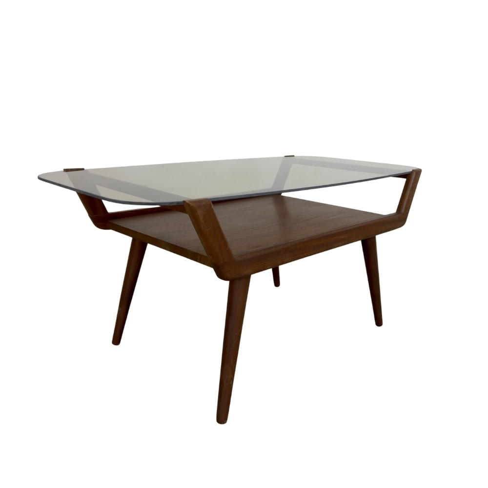 COFFEE TABLE ATTR. TO GIO PONTI: Dimensions: H 17.7” x W 39.7” x D 20.3”. Vintage coffee table attr. to Gio Ponti with glass top and lower shelf.