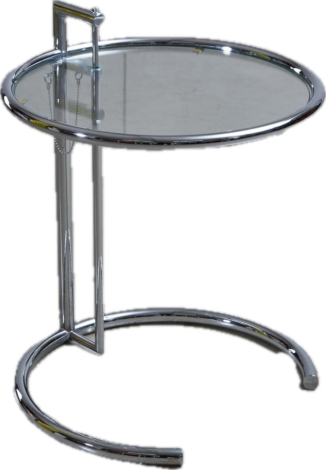 (2) E-1027 TABLES BY EILEEN GRAY FOR CLASSICON: Dimensions: H 23” x W 20”. Set of 2 Adjustable coffee tables E-1027 designed by Eileen Gray for Classicon with glass top and chrome plated steel base.