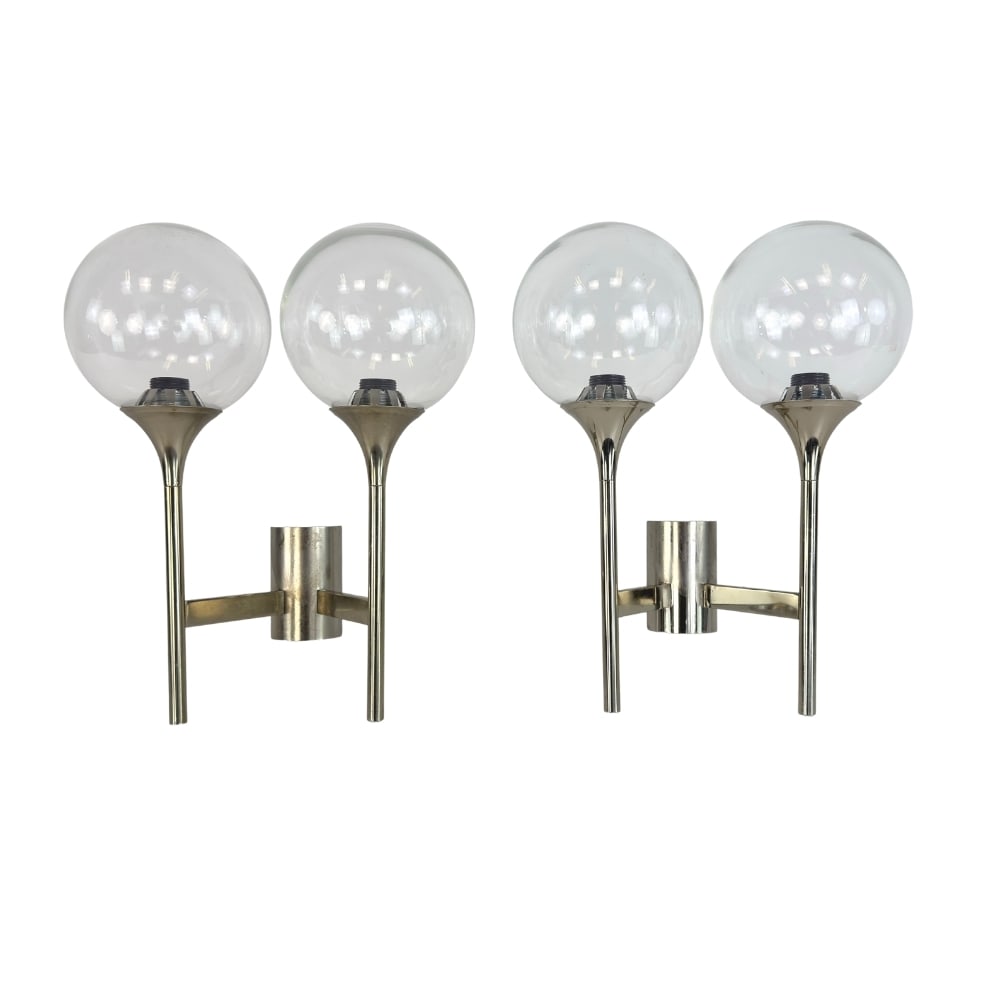 SPUTNIK WALL SCONCES, A PAIR: Dimensions: H 13.3” x W 6” x 11”. Pair of Vintage Sputnik wall lamps sconces from the 1960s with bubble glass lampshades.