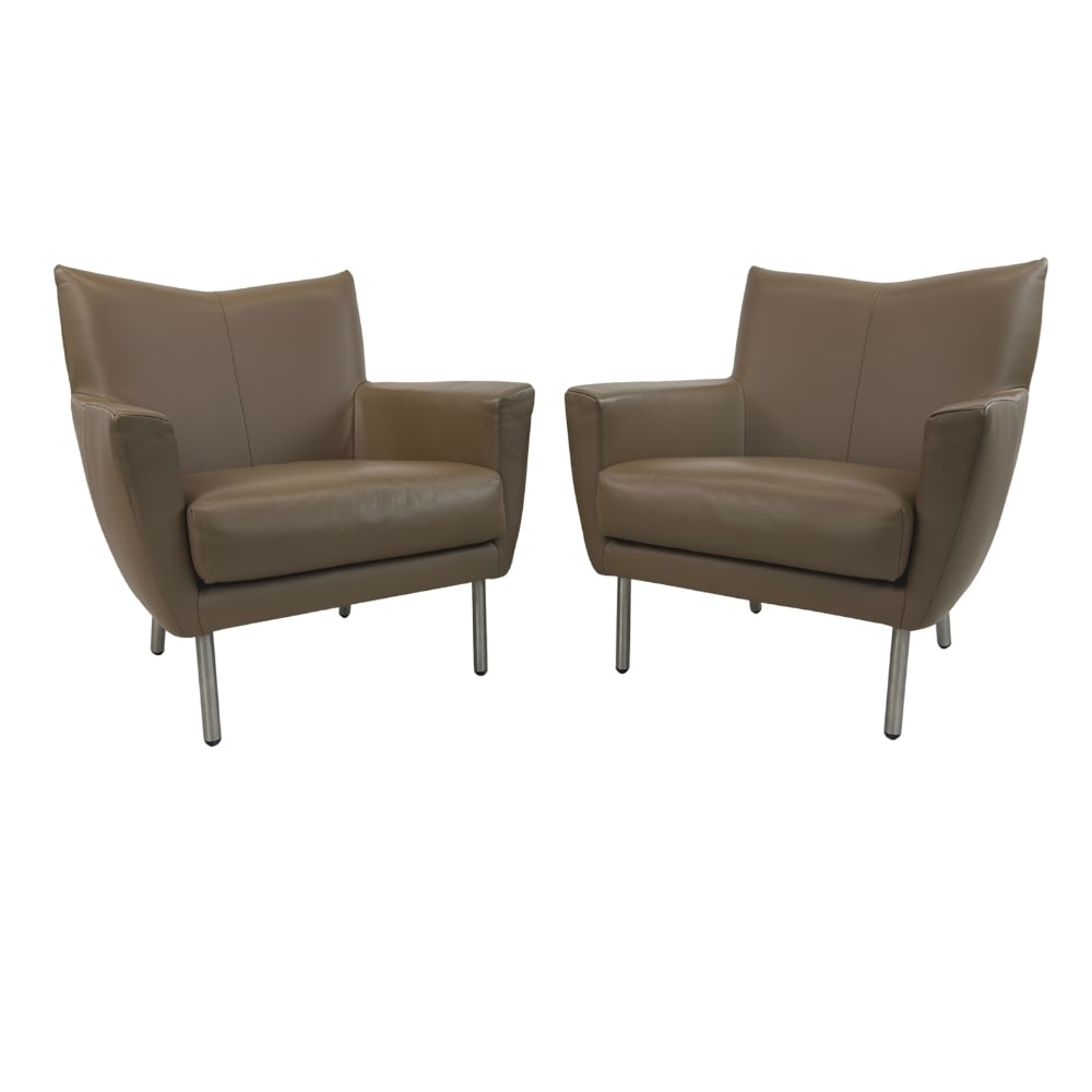 DESIGN ON STOCK ARMCHAIRS, A PAIR: Dimensions: H 30.5” x W 31” x D 32” x SH 18.5”. Pair of Design on Stock Toma Moka leather armchairs, designed by Gijs Papavione.