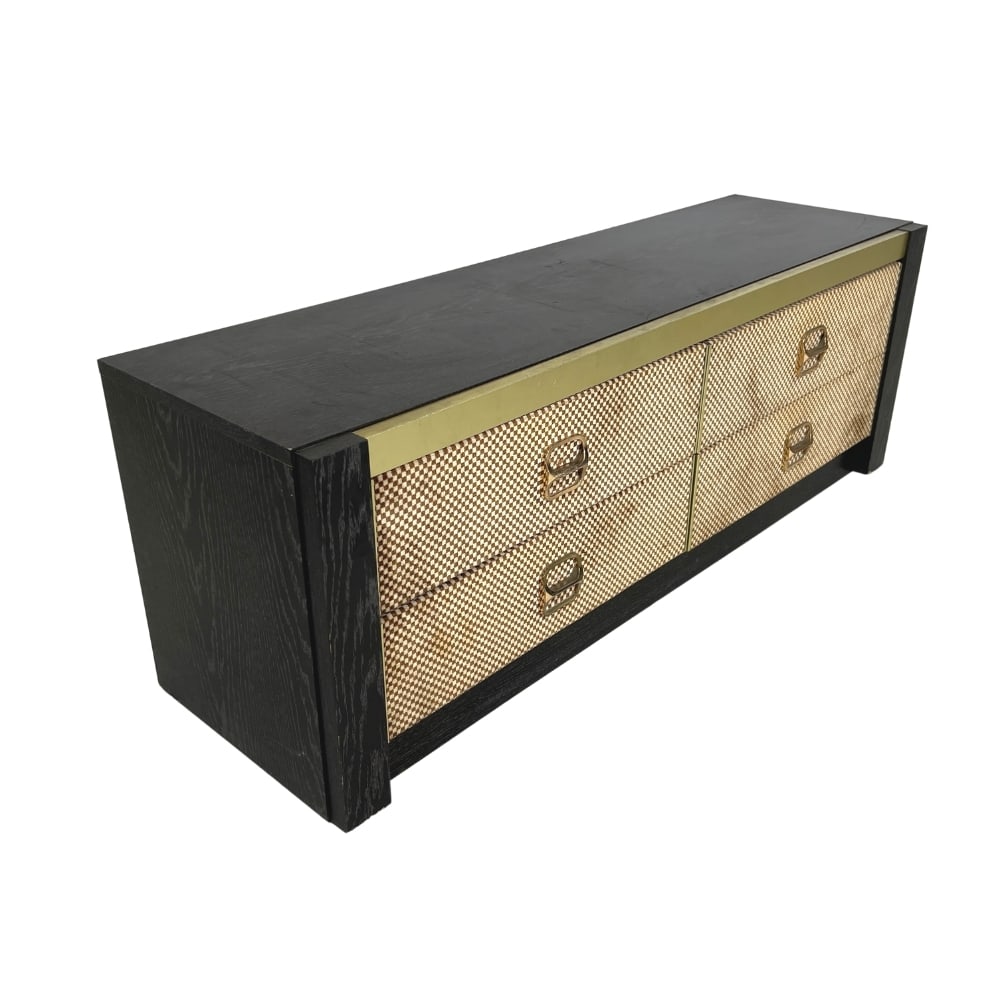 GUDME MOBELFABRIK SIDEBOARD 1970s: Dimensions: H 17” x W 48.3” x D 14”. Vintage Gudme Mobelfabrik console/sideboard with 4 drawers and checkered velvet detail.