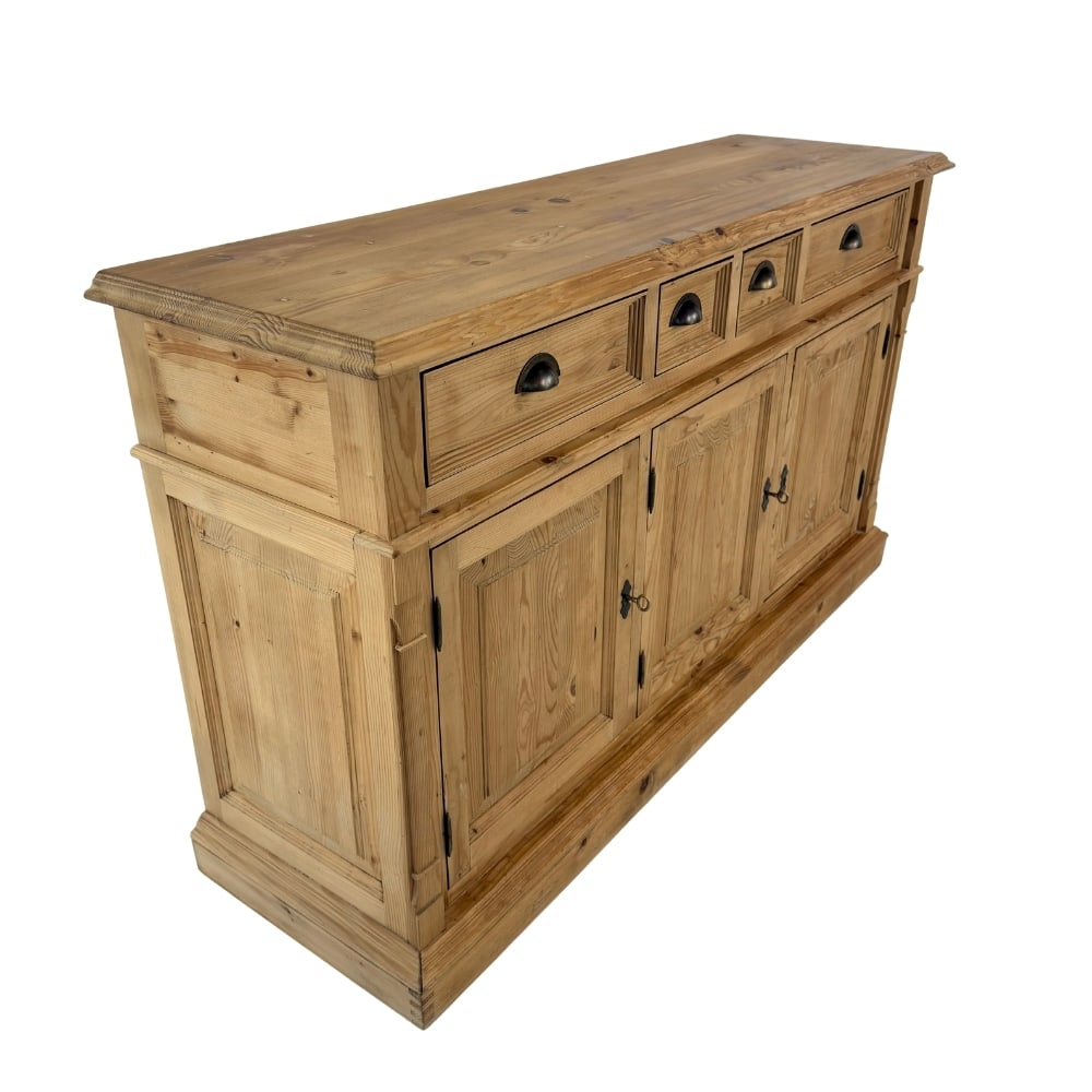 PINE SIDEBOARD BY SPRANKEL BV: Dimensions: H 37.5” x W 65” x D 19”. Vintage solid pine sideboard/buffet, marked Sprankel BV with 4 small drawers and 2 big with shelf inside.