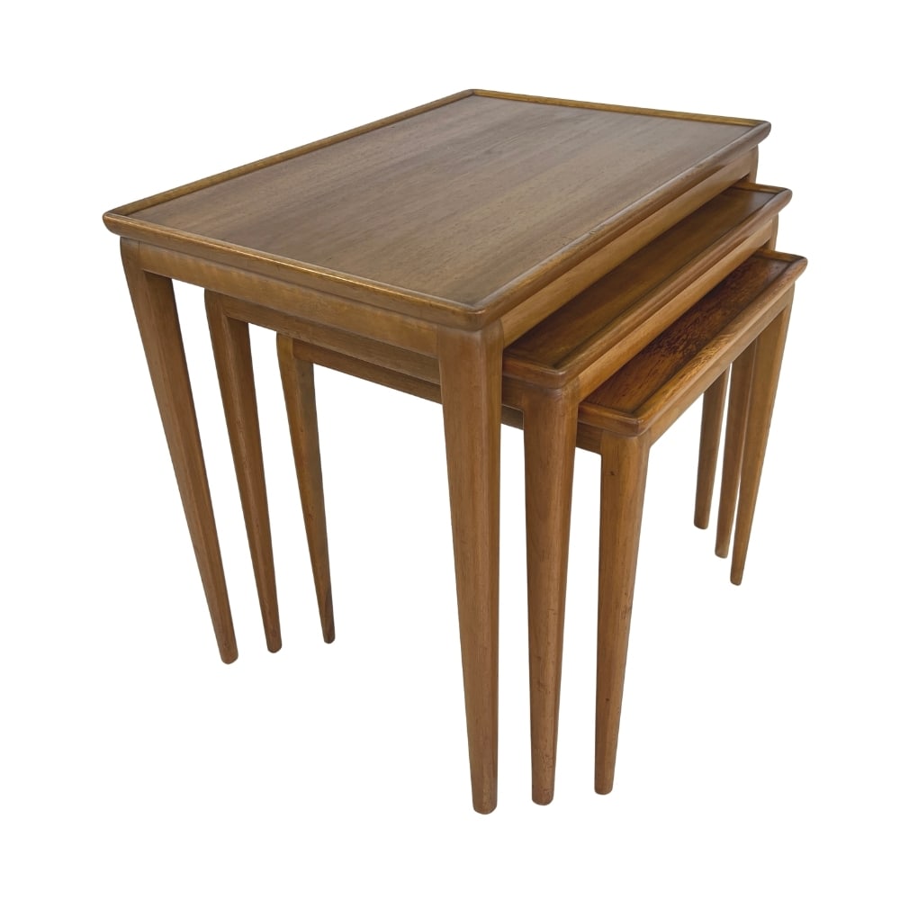 (3) DANISH VINTAGE NESTING TABLES: Dimensions: H 17.7” x 19.3” x 21.3” x W 23” x 19.3” x 15.7” x D 15.7” x 14.3” x 15.5”. Set of 3 Danish Modern nesting or side tables.