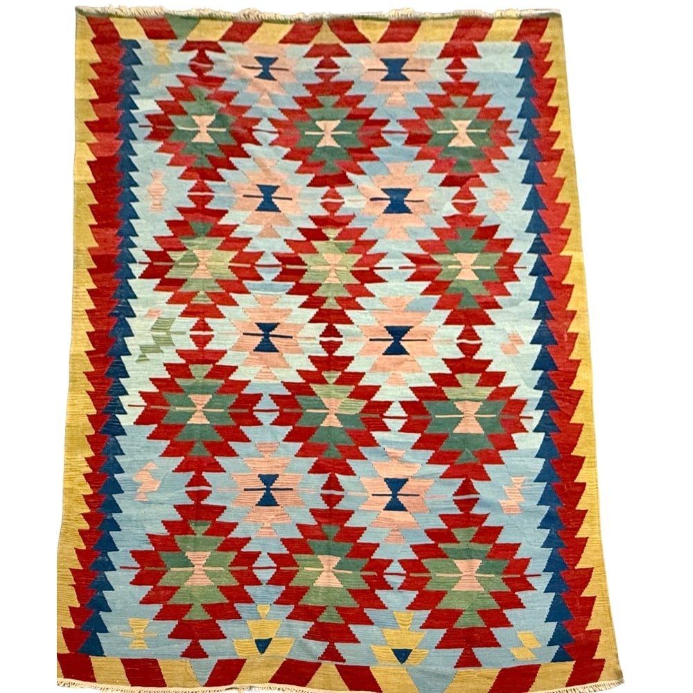 TRIBAL HAND KNOTTED KILIM RUG: Dimensions: H 11'11 x W 8'9. Vintage Turkish Hand Knotted Kilim.