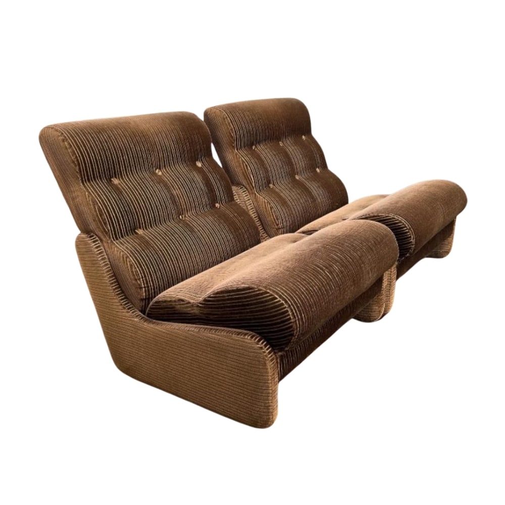 VINTAGE MODULAR SOFA, 1970s: Dimensions: H 31.8” x W 28.3” x D 31.1". Vintage modular two-seater sofa in original warm brown corduroy fabric.