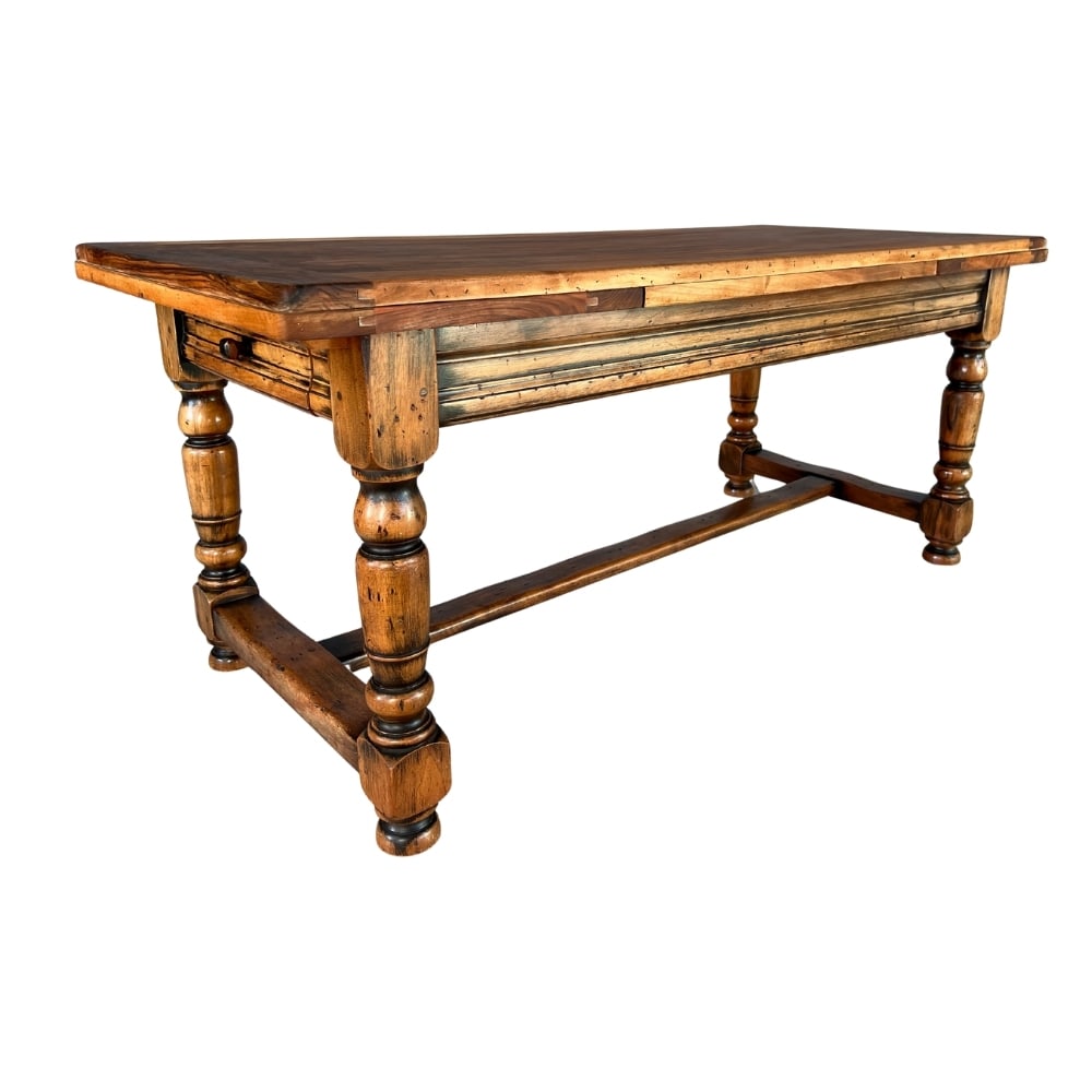 FRENCH EXTENDABLE DINING TABLE: Dimensions: H 30.5" x W 70.5"/110" x D 31.5" . Vintage French Farmhouse extendable dining table with two side drawers and 4 solid turned legs with stretcher.