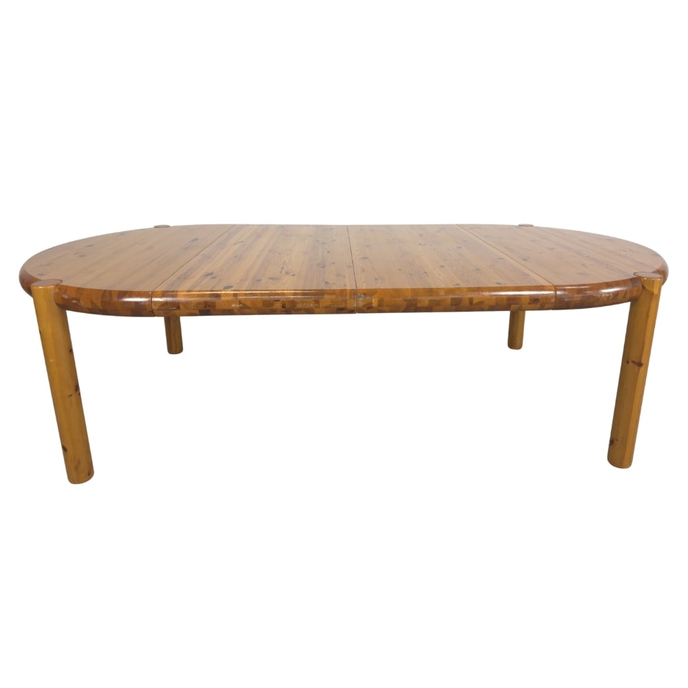 RAINER DAUMILLER EXTENDABLE DINING TABLE: Dimensions: H 28” x W 50.5”/98.5”. Vintage solid pine round extendable dining table designed by Rainer Daumiller for Hirtshals Sawmill.