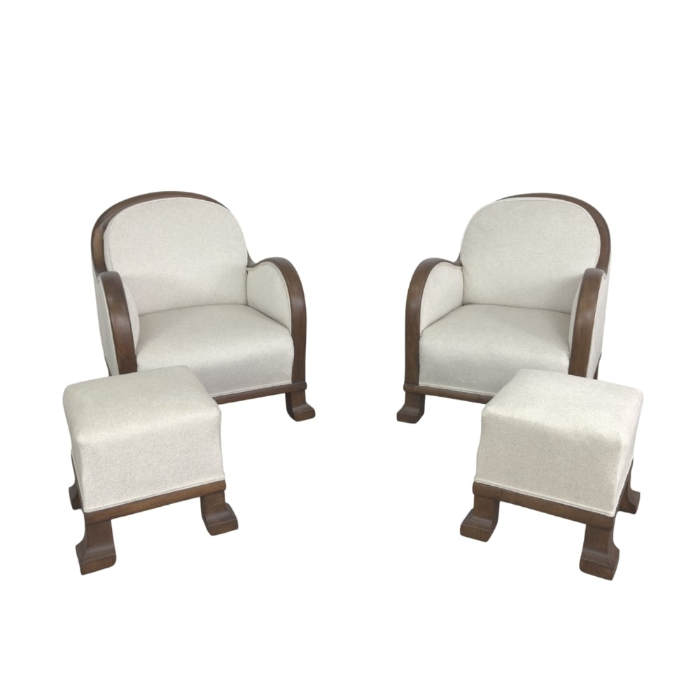 (2) ART DECO ARMCHAIRS WITH OTTOMAN: Dimensions: H 32” x W 26” x SD 19” x SH 15.5”/ H 16” x W 14.5”. Pair of French Art Deco armchairs with matching ottoman, newly upholstered in off-white fabric.