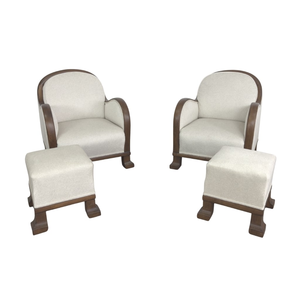 (2) ART DECO ARMCHAIRS WITH OTTOMAN: Dimensions: H 32” x W 26” x SD 18.5” x SH 15.5”/ H 16” x W 14.5”. Pair of French Art Deco armchairs with matching ottoman, newly upholstered in off-white fabric.