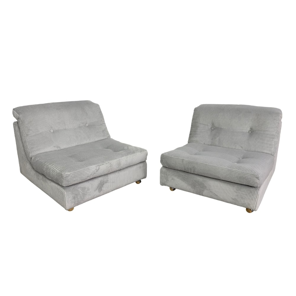 ITALIAN LOUNGE CHAIRS ATTR. TO MARIO BELLINI, A PAIR: Dimensions: H 25.5” x W 29.5” x SD 21.5” x SH 14”. Pair of Vintage Italian lounge chairs attr. to Mario Bellini, newly upholstered in light grey soft fabric.