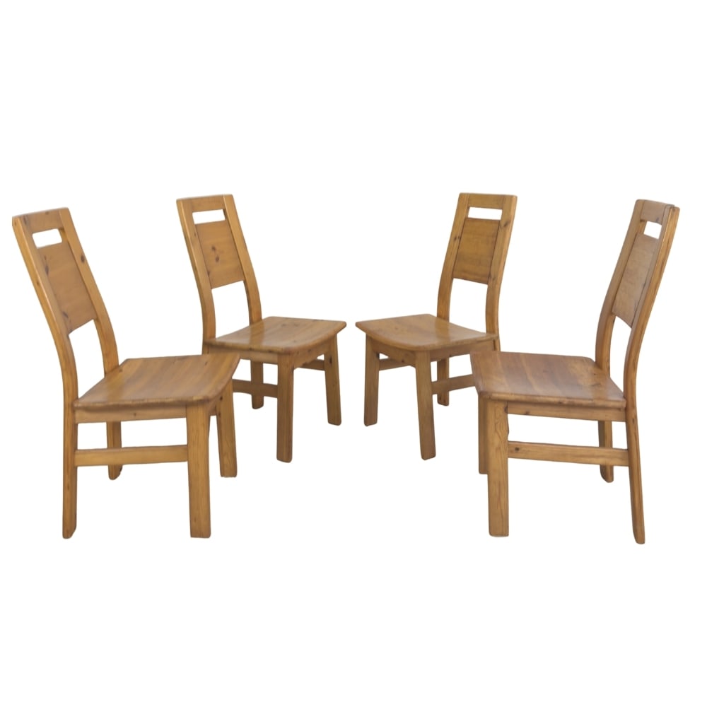 (4) ILMARI TAPIOVAARA PINE CHAIRS, 1960s: Dimensions: H 37.5” x W 16.7” x SD 16.3” x SH 17”. Set of 4 pine high back dining chairs, designed by Ilmari Tapiovaara for Laukaan Puu, Finland.