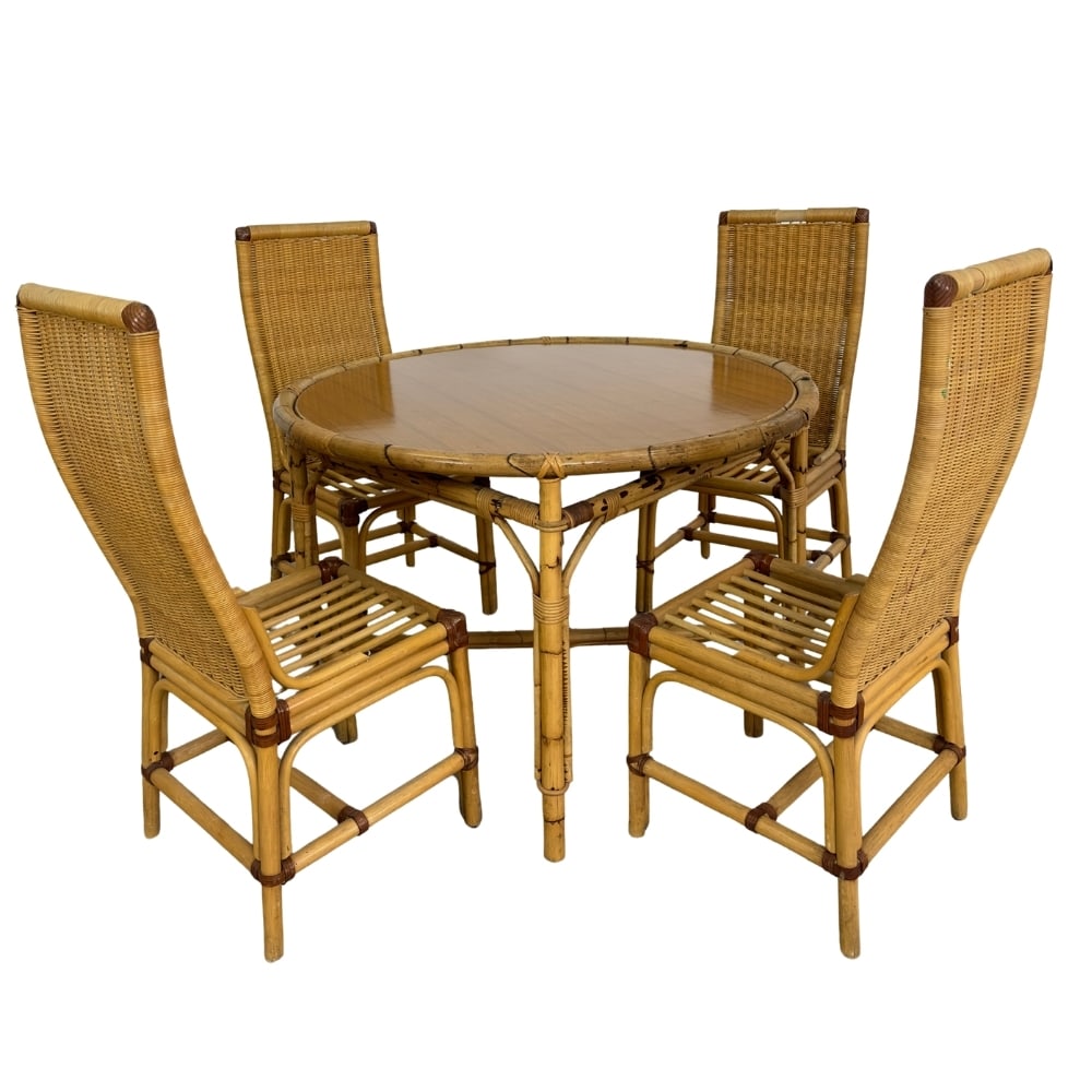 (4) WICKER AND BAMBOO CHAIRS WITH TABLE: Dimensions: H 42.5" x W 17.7" x D 20.8" / H 31.5" x W 47" . Italian Vintage set of 4 wicker and bamboo dining chairs with wicker and bamboo dining table.