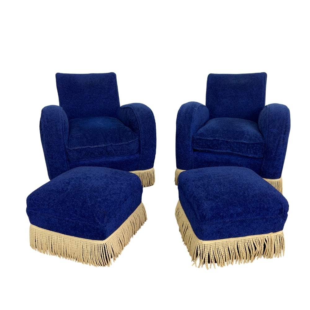 (2) ITALIAN LOUNGE CHAIRS WITH OTTOMANS: Dimensions: H 29” x W 29.5” x SD 24.5” x SH 19”/ H 15" x W 17" . Pair of Vintage Italian lounge chairs with matching ottomans, upholstered in original blue fabric with fringes.