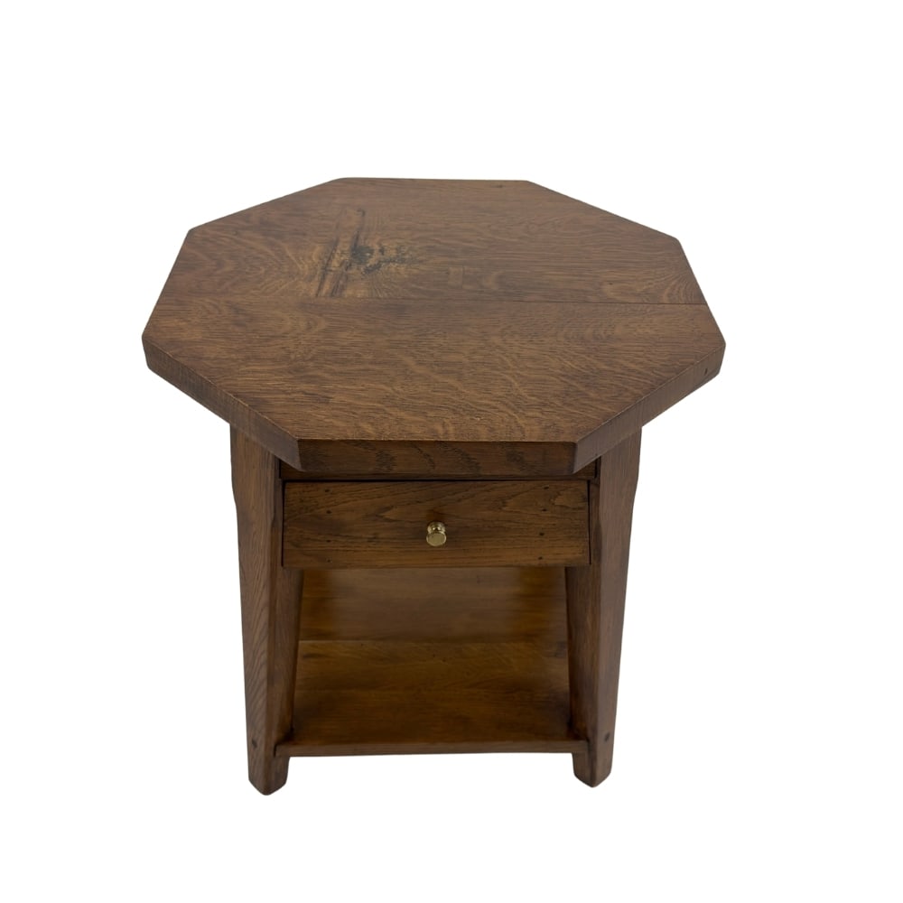 ART DECO SIDE TABLE: Dimensions: H 19.3” x W 19”. Vintage Art Deco octagonal side or coffee table with one central drawer and lower shelf.