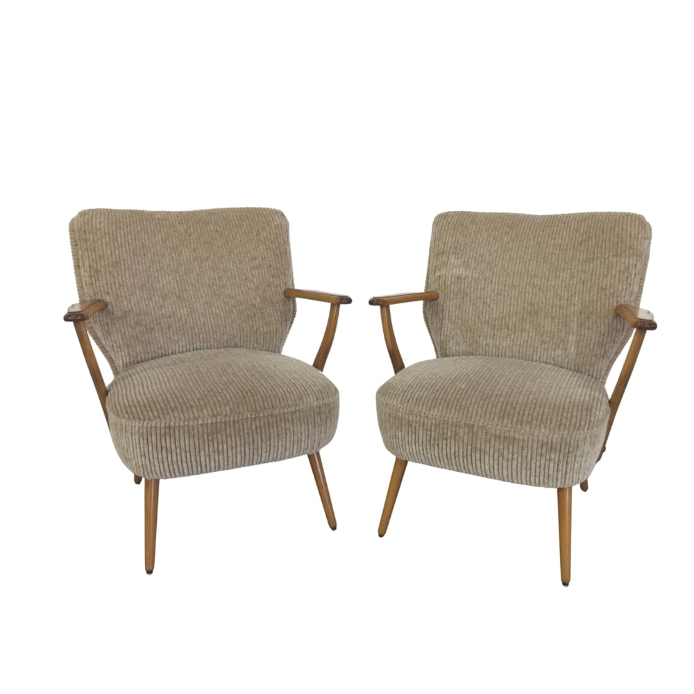 DANISH COCKTAIL CLUB CHAIRS, A PAIR: Dimensions: H 29.7” x W 26.5” x D 29.5” x SH 16.7”. Pair of Vintage Danish cocktail club chairs, newly upholstered in light brown soft fabric.
