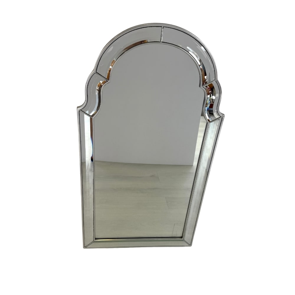 BELGIAN BEVELED MIRROR: Dimensions: H 43.7” x W 23.5”. Belgian beveled arched wall mirror.