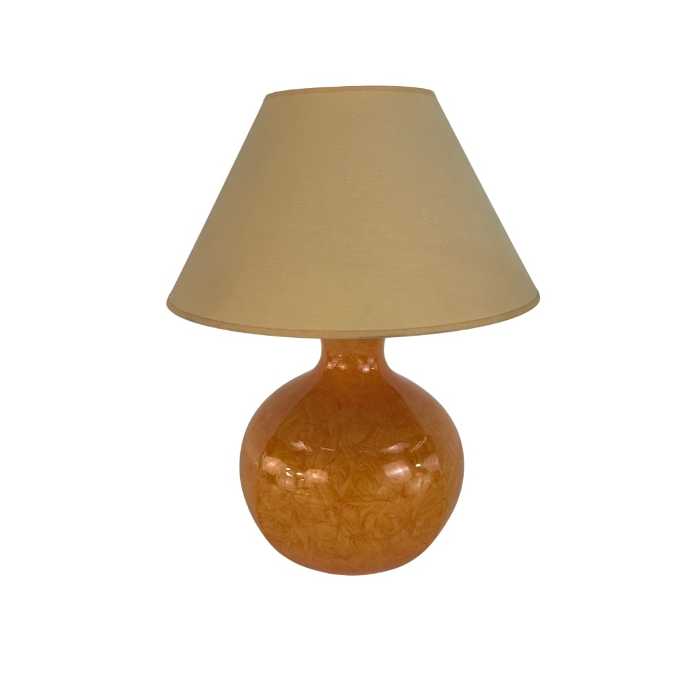 KOSTKA TABLE LAMP: Dimensions: H 12.5” x W 9.3”. Vintage French Kostka ceramic table lamp with beige lampshade.