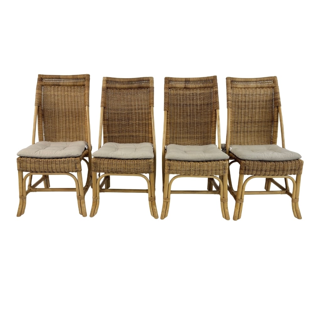 (4) VINTAGE WICKER AND BAMBOO CHAIRS: Dimensions: H 39.7” x W 18” x D 24” x SH 18”. Set of 4 Vintage wicker and bamboo garden chairs from the 1970s.