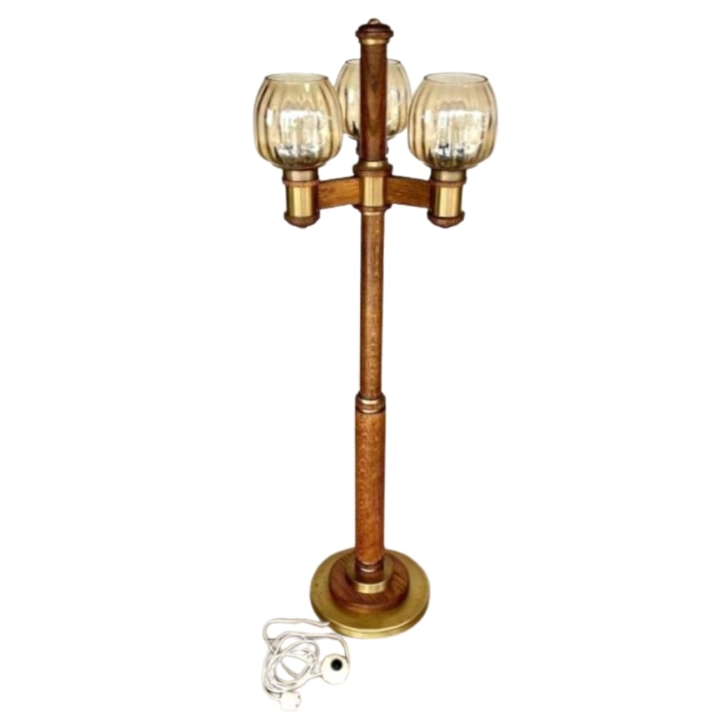 CACTUS 3-LIGHT VINTAGE FLOOR LAMP: Dimensions: H 52.5” x D 16”. Vintage floor lamp “Cactus” in the manner of Modeline of California. Oak and brass, 3-glass ball lights.