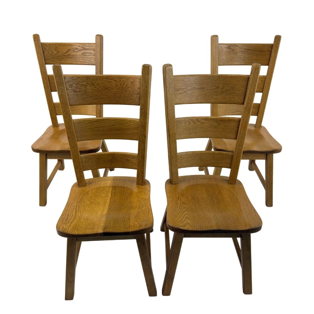 (4) RUSTIC DINING CHAIRS: Dimensions: H 42.3” x W 17.3” x SD 18” x SH 18.5”. Vintage set of 4 Rustic solid oak ladder back dining chairs.
